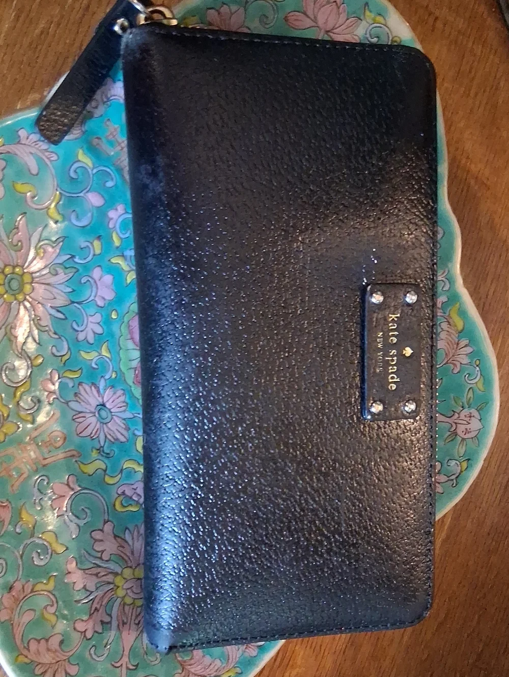 kate spade Black Leather Zip-Around Wallet with Gold Hardware
